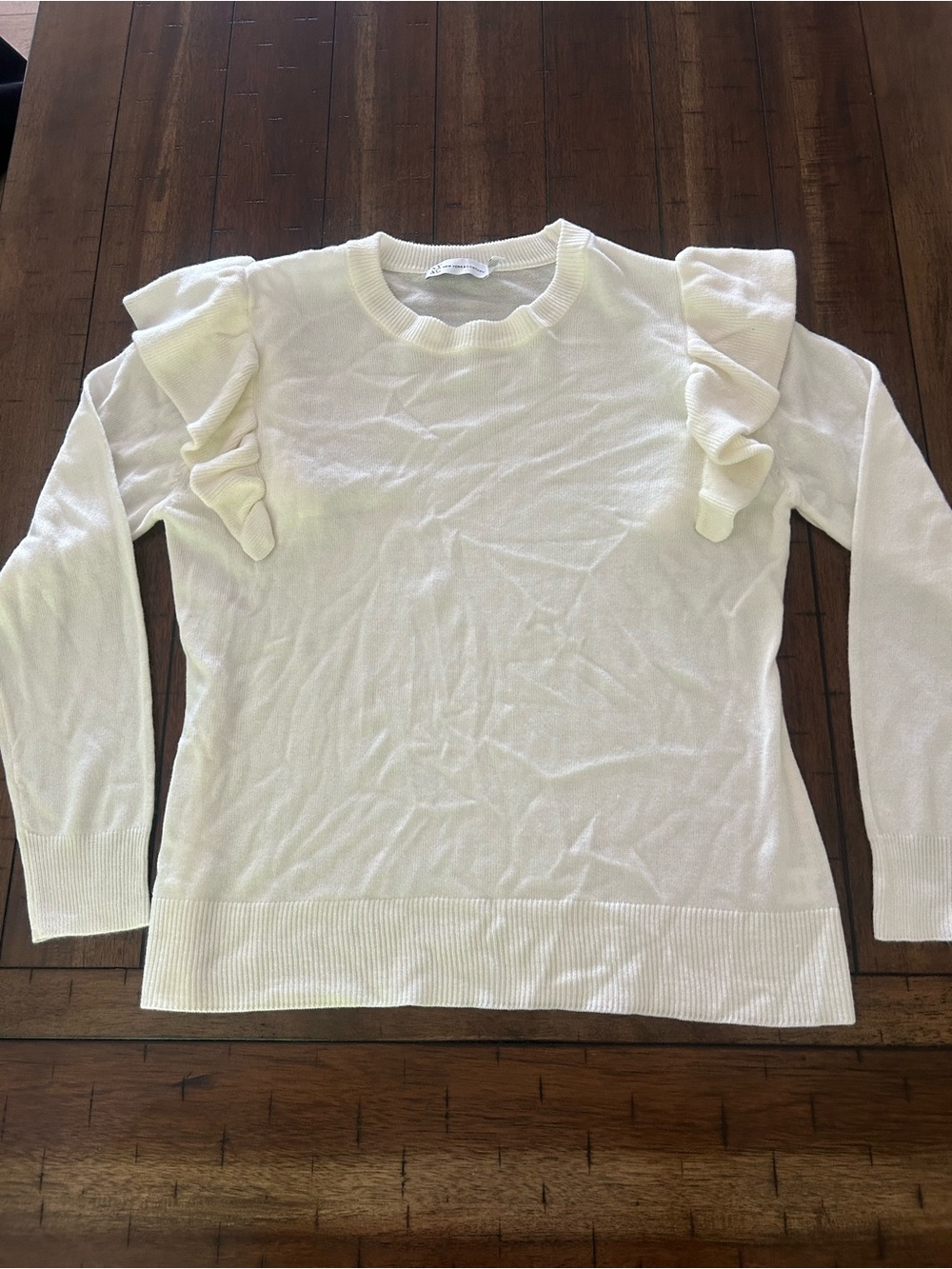 New York & Company Ivory Ruffle Shoulder Sweater Size L